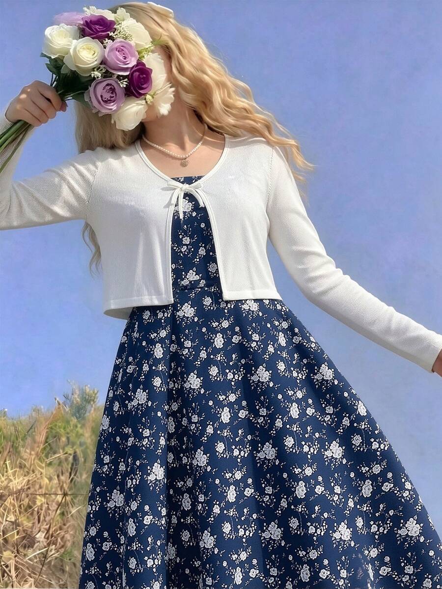 SHEIN 2piezas/Set Top de cárdigan de punto acanalado con decoración de lazo casual para primavera/otoño y vestido elegante simple de tirantes finos con estampado tejido para adolescentes