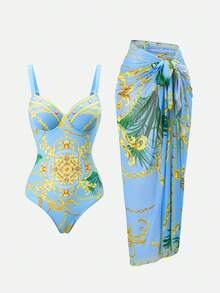 Swim SXY Summer Beach Chain Print Push Up One Piece Swimsuit With Beach Skirt - Multicolor - View 4