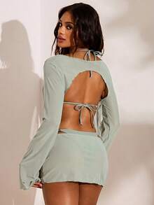 Opulessa Conjunto de traje de baño de 3 piezas con cuentas de color aleatorio para mujer - verde menta - Ver 2