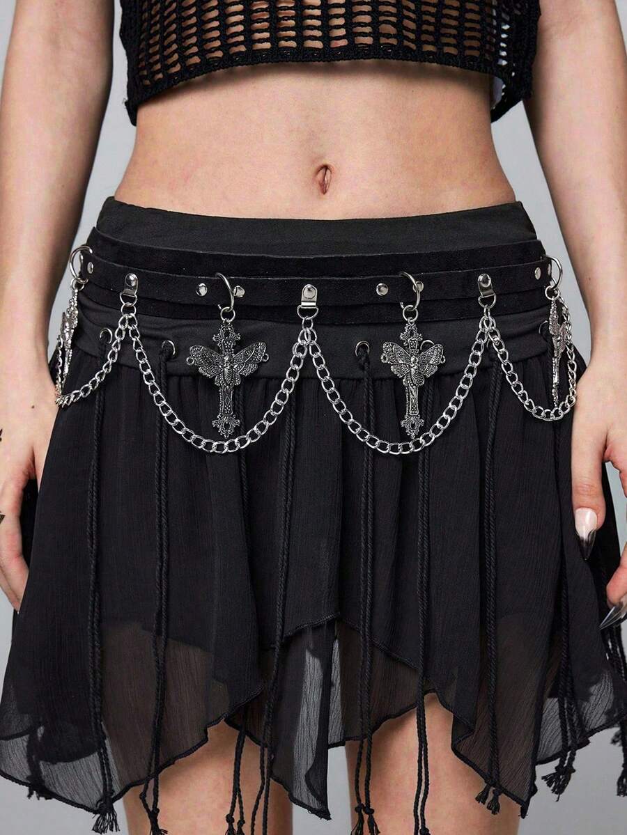 ROMWE Goth 1-Piece Women's Flannel Fabric, Moth Cross, Single-Layer Chain Decoration, Dark Style, Punk Style Chain Belt, Halloween Accessories, Daily Versatility - Black Flannel Moth Cross Chain Belt - View 1