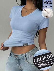 SHEIN EZwear 女士休闲日常通勤字母印花短袖褶皱修身露脐T恤，夏季 - 淺藍色 - 查看 7