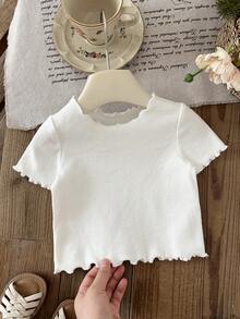 SHEIN Baby Girl Knitted Solid Color Fitted Casual Top - White - View 5