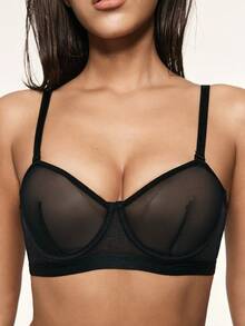 SHAPORA 1 pieza Sujetador con aros y soporte lateral con tiras desmontables de malla sólida negra con efecto push-up para mujeres - Negro - Ver 6