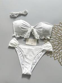 Swim Vcay Spring/Summer Solid Color Strap Jacquard Fabric Wireless Bow Decor Cute Beach Vacation Swimwear Set - White - View 2