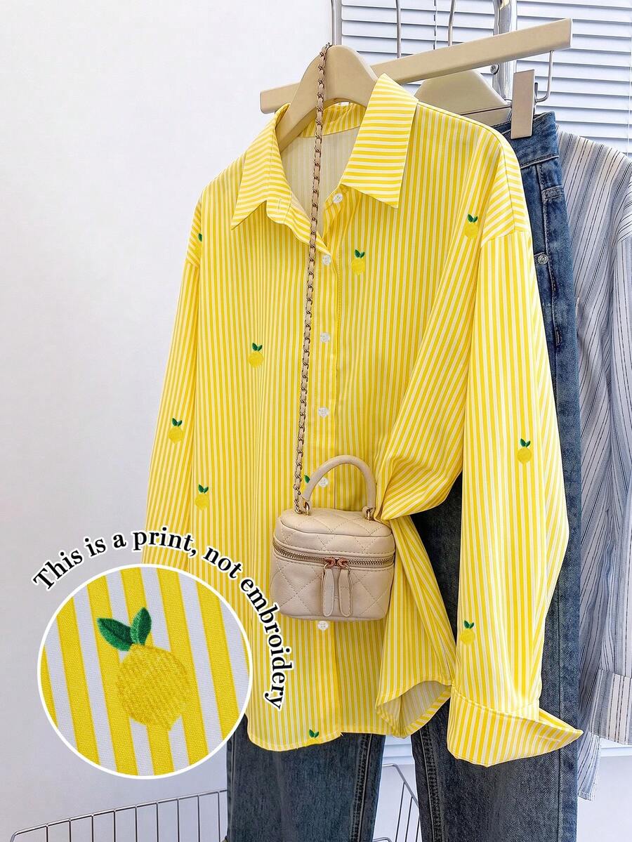 Resyla Top pour femmes, motif à rayures de citron imprimé sur tout le vêtement, design frais et léger, style Ins, chemisier ample à manches longues décontracté pouvant être porté de deux façons, cadeau idéal pour la meilleure amie et la petite amie, cadeau amusant, nouveau Top pour femmes en automne/hiver, pour la remise des diplômes, la rentrée scolaire, la remise des diplômes, les enseignantes, la rentrée scolaire d'automne, les cadeaux de Nouvel An, les cadeaux de Noël - Multicolore - Voir 1