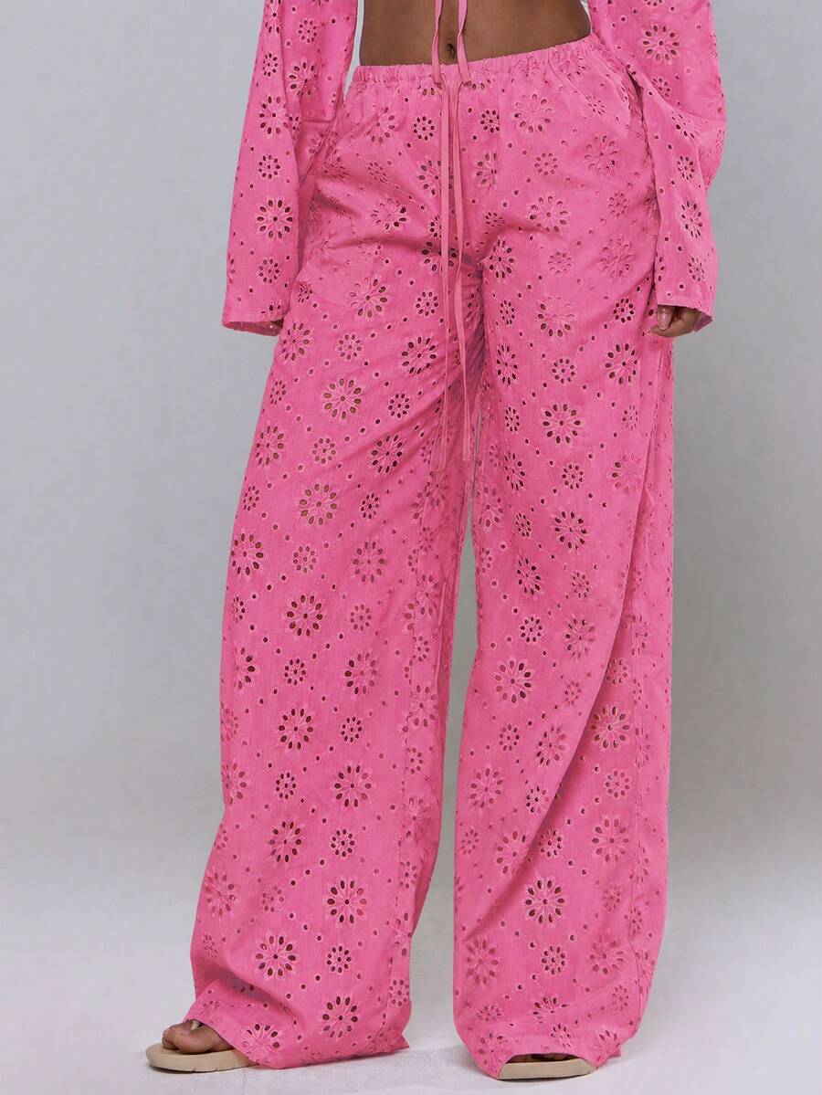 MUSERA Tie Front Broiderie Anglaise Wide Leg Trousers Cover Up Beach Vacation Swim Summer Holiday Festival Cute Casual Elegant Pink Floral Birthday Party - Hot Pink - View 1