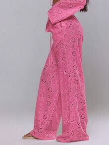 MUSERA Tie Front Broiderie Anglaise Wide Leg Trousers Cover Up Beach Vacation Swim Summer Holiday Festival Cute Casual Elegant Pink Floral Birthday Party - Hot Pink - View 3