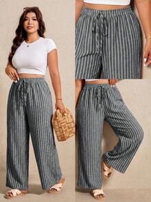Elaquor Plus Size Women's Drawstring Waist Striped Pattern Loose Versatile Long Pants - Black - View 1