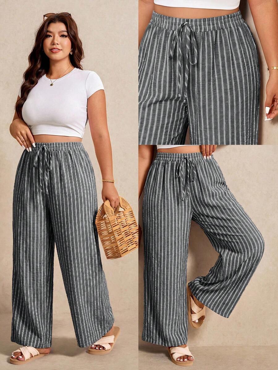 Elaquor Plus Size Women's Drawstring Waist Striped Pattern Loose Versatile Long Pants - Black - View 1