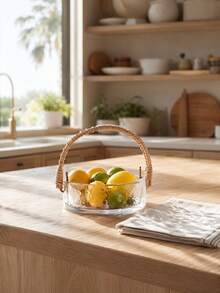 Madebyblanc 1PC Multi-Functional Glass Fruit Bowl With Rattan Handle - Durable Hammered Glass Basket, 3-In-1 Fruit Holder Snack Tray Ice Bucket, Space-Saving Kitchen Organizer, Heat Resistant Serving Dish, Perfect For Home Kitchen Bar Office - Multicolor - View 2