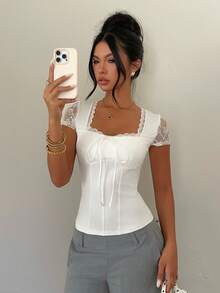 RiviMae Sexy Elegant Lace Top, Exquisite Waist-Cinched Romantic Date Going Out White Summer - Apricot - View 2