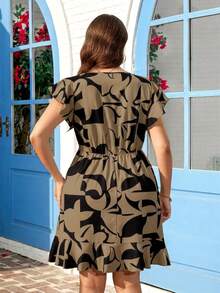Reflora Plus Size Women's Geometric Print Round Neck Ruffle Sleeve Casual Elegant Dress Office Brunch Black Summer - Brown - View 2