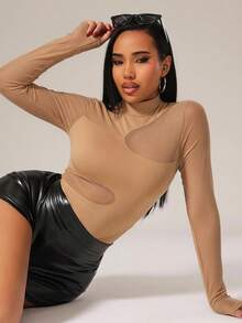 Radiana Khaki Women Fashion Asymmetric Cut Out Long Sleeve Mock Neck Bodysuit With Mesh Detail For Clubwear - Khaki - View 4