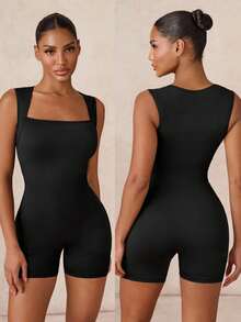 1pc Lumalex Comfortable Fabric & Fashionable Design Sexy Minimalist Solid Color Wide Strap Jumpsuit, Specially Made For Women, Suitable For Airport Outfits And Gym Workouts, Slim-Fit Style To Showcase Female Physique, Ideal Choice For Women's Gym Exercises - Black - View 4