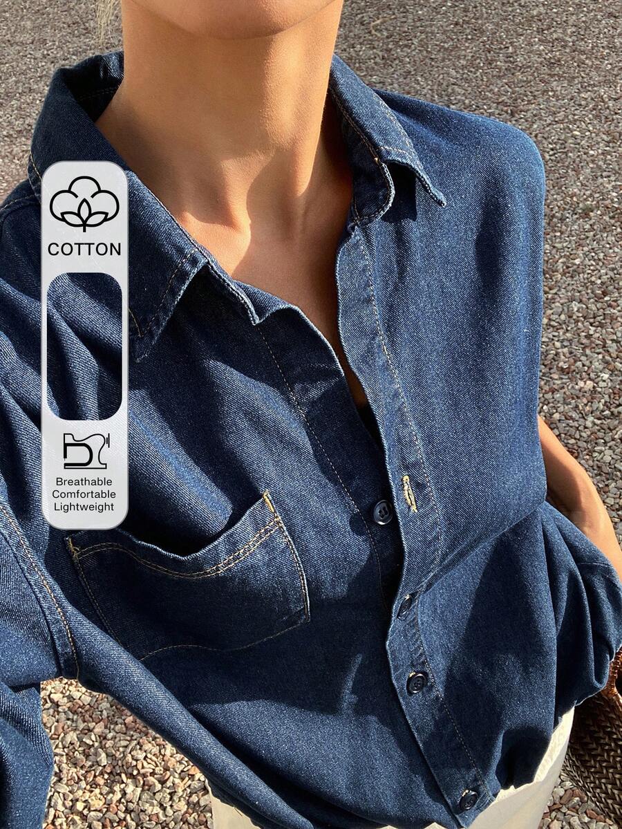 Livesso Turn-Down Collar Large Pocket Loose Women's Denim Jacket And Coat Everyday Navy Blue Autumn Casual Vacation - Blue - View 1