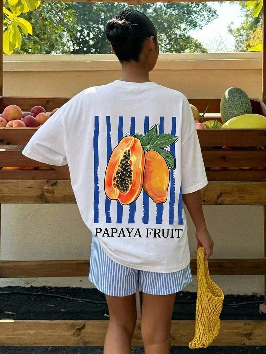 青少年女孩休閒極簡卡通圖案寬鬆圓領短袖T恤與寬鬆短褲2件組,適合春夏季 - 彩色 - 查看 1