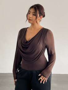 Firerie Plus Size Women's Solid Color Cowl Neck Casual Versatile Daily Outing Long Sleeve Brown T-Shirt Autumn Elegant Work Office Formal - Coffee Brown - View 6