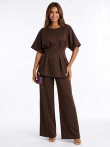 Livesso Summer Loose Business Casual Vacation Office Travel Wear Cinched Waist Pleated Pullover Shirt Straight Leg Long Pants Women's 2 Pieces Set Dark Brown - Brown - View 4