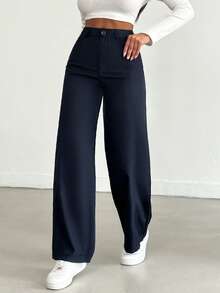 SHEIN Cottnline Women's Solid Color Straight Pants - Blue - View 5