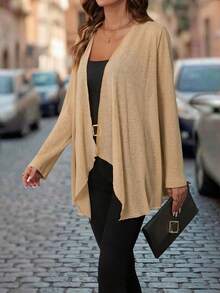 Gownix Long Sleeve Cardigan Autumn Sun Protection Shirt Essential Early Autumn Thin Outerwear Mid-Length Asymmetrical Shawl Office Tan Casual - Khaki - View 3