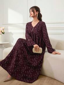 Al Najma Women's Floral Pattern V-Neck Button Decor Long Sleeve Arabian Dress - Multicolor - View 7