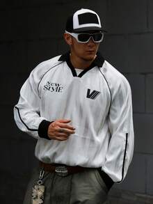 DAZY 男士長袖條紋字母印花拼接領運動風T恤 夏季款 - 彩色 - 查看 7