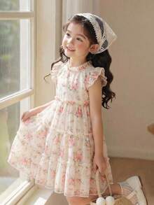 Elladie kids 2025春夏玫瑰印花無袖荷葉邊洋裝，女童公主風，可愛甜美，後背拉鍊，適合日常穿著與通勤 - 杏色 - 查看 4
