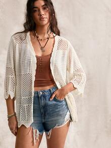 Nubod Plus Size Women's Hollow Out 3/4 Sleeve Design Thin Cardigan Sweater Casual Comfortable - White - View 3