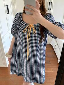 DAZY Vestido de dormir casual diario para mujer con estampado a cuadros y tachuelas, verano - Amarillo - Ver 8