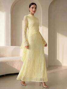 Graceveil Solid Light Yellow Full Lace Bodycon Mermaid Long Dress For Women, Flared Bell Long Sleeves With Drape Cuff Ruched Waist Wedding Guest Formal Gown - Yellow - View 7
