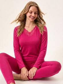 SHEIN Cottnline 2pcs Cotton V Neck Lace Detail Homewear Set - Hot Pink - View 5
