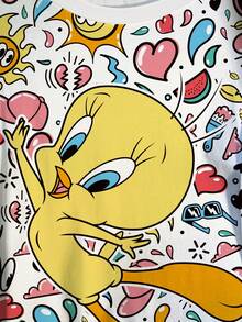 LOONEY TUNES X SHEIN 加大码卡通印花休闲圆领短袖T恤，夏季 - 白色 - 查看 5