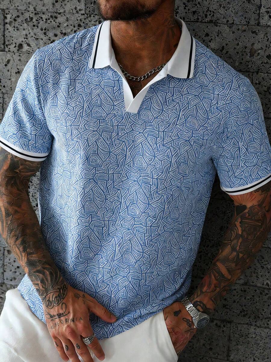 Manfinity Homme Men's Plus Size Summer Blue Geometric Textured Knit V-Neck Contrast Collar Polo Short Sleeve Pullover Shirt - Blue - View 1