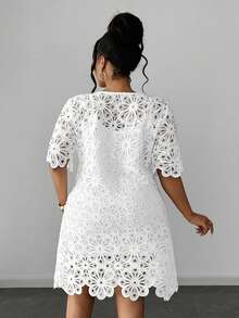 Maweii Plus Size Solid Color Hollow Round Neck Short Sleeve Dress - White - View 2
