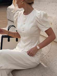 Lumalex Women's Elegant High Neck Gigot Sleeve Slim Fit Ivory Short Sleeve Blazer, Waist-Cinching Elegant Women's Blouse, Outing Top, Women's Outing Top, Women's Office Blouse, Women's Office Blouse, Formal Business Blouse, Luxurious New Year New Look, Low-Key Luxury, Ball Party Gathering Banquet, Low-Key Luxury, Sparkling Holiday Party Celebration - Apricot - View 5