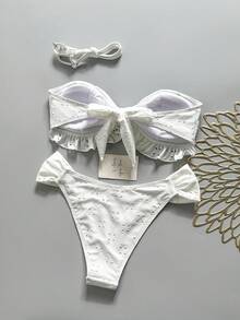 Swim Vcay Spring/Summer Solid Color Strap Jacquard Fabric Wireless Bow Decor Cute Beach Vacation Swimwear Set - White - View 6