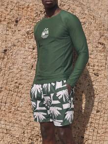 Palasendo 2pcs Men's Palm Tree Print Long Sleeve Top And Slant Pocket Shorts Set - Multicolor - View 4