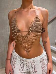 hollyjadebate Women's Rhinestone Fishnet Spaghetti Strap Halter Top, Sparkling Rhinestone Embellished, Suitable For Bar, Party, Club Summer - Champagne - View 5
