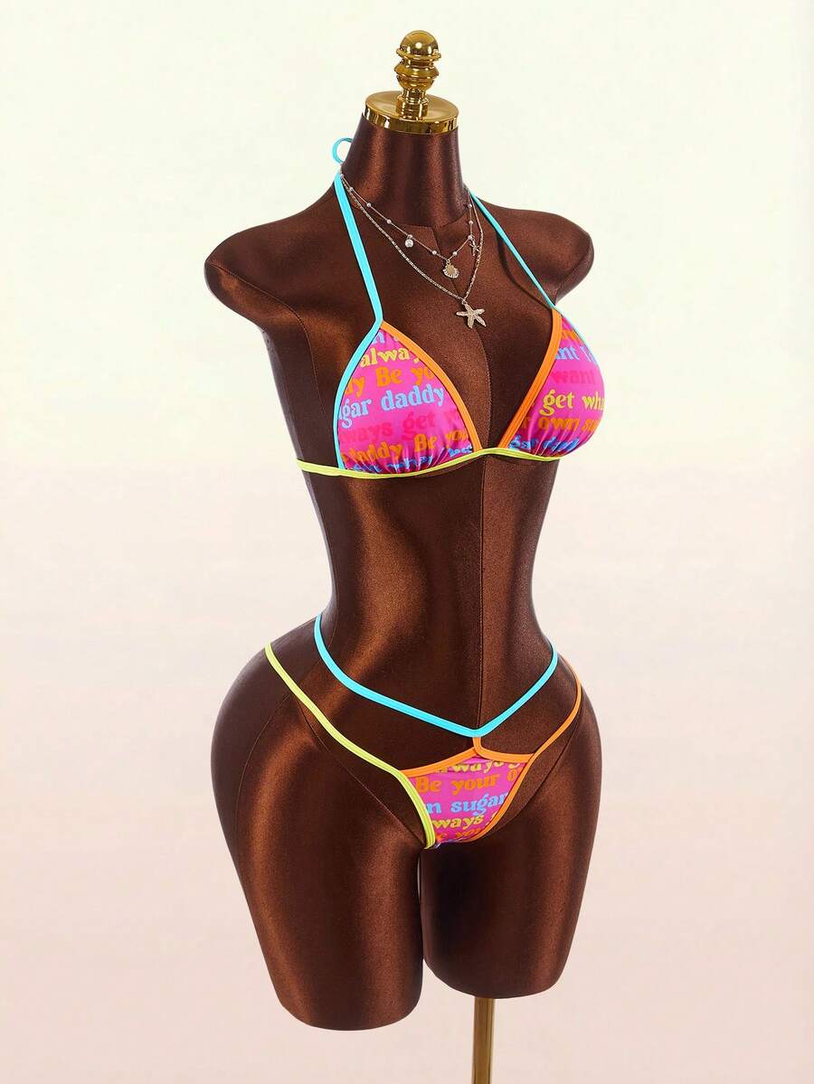 Amplova Women's Letter Print Contrast Detail Sexy Avant-Garde Cute Mini Set Suitable For Vacation Outfits - Pink - View 1