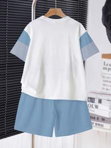 Tween Boy Casual Minimalist Short Sleeve Crew Neck T-Shirt And Shorts Set, Suitable For Summer, Classic Cool Square Split Pattern Print, Cool Exquisite Small Logo Text Pattern Print - White - View 2