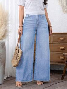 EMERY ROSE Plus Size Cowgirl Women's Spring Blue Non-Stretch Loose Wide Leg Jeans , Spring For Women - Light Wash - View 1