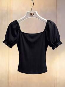 Franclia Women's Pearl Short Sleeve Black Minimalist Eleganza Knit Top, Elegant Loose Fit T-Shirt, Professional Casual Striped Textured Birthday Office Summer - Black - View 2
