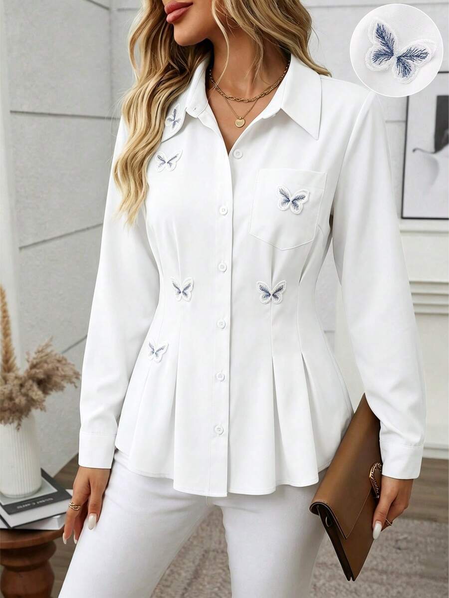 SHEIN 女士优雅纯色3D蝴蝶装饰收领长袖衬衫 - 白色 - 查看 1