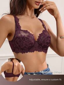 SHEIN Fashion Romantic French Gold Thread Floral Lace Push-Up Underwire Bra With Adjustable Shoulder Straps, 1pc - Maroon - View 7