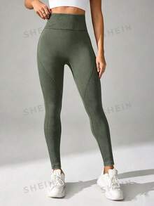SHEIN Sports 女款高腰日常健身運動緊身褲 - 綠色 - 查看 6