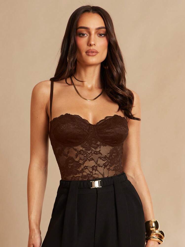 Silquee Women's Sweet Sexy Lace Patchwork Bodysuit Club Date Night Night Out Dark Brown Summer Halloween - Mocha Brown - View 4