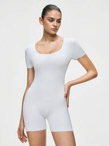 SHAPORA Women's Minimalist Solid Color Scoop Neck Short Sleeve Jumpsuit - White - View 3