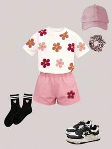 Souflis Souflis 4-7歲女童幼童套裝 棕色花卉系列休閒圓領短袖T恤與短褲，花卉圖案印花，時尚休閒適合日常穿著、居家、度假，適合兒童戶外活動、拍照穿搭，寬鬆舒適 - 彩色 - 查看 2