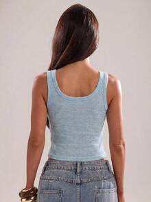 SHEIN BAE Spring/Summer Women's Casual Vacation Blue Square/Round Neck Beaded Embroidery Contrast Trim Vest Top, Heavy Craftsmanship Top, Blue And White Contrast Top, Suitable For Casual Outings, Daily Wear, Music Festivals, Commuting, Daily Study And Work Wear, Blue Top - Baby Blue - View 2