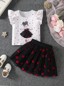SHEIN Elladie kids 少女 3D 網格蝴蝶結裝飾愛心印花圓領 T 恤與精緻裙子套裝 - 黑色 - 查看 4